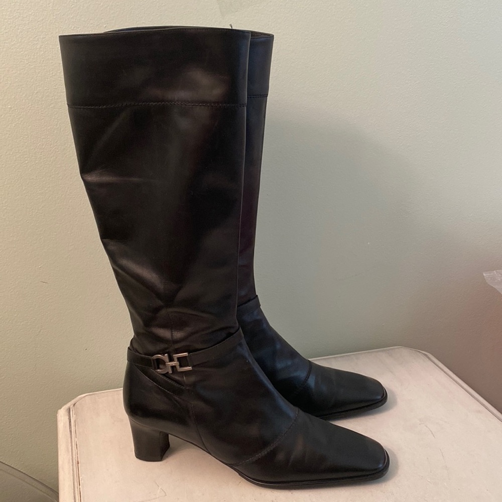 Salvatore Ferragamo Black Leather Mid-Calf Heeled Boots 8.5